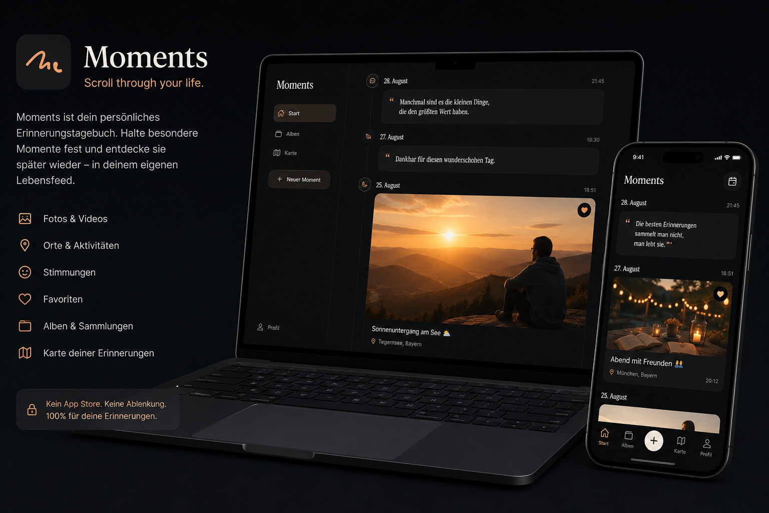 Moments – Erinnerungs-Feed auf Laptop und Smartphone, mit Fotos, Orten und Stimmungen