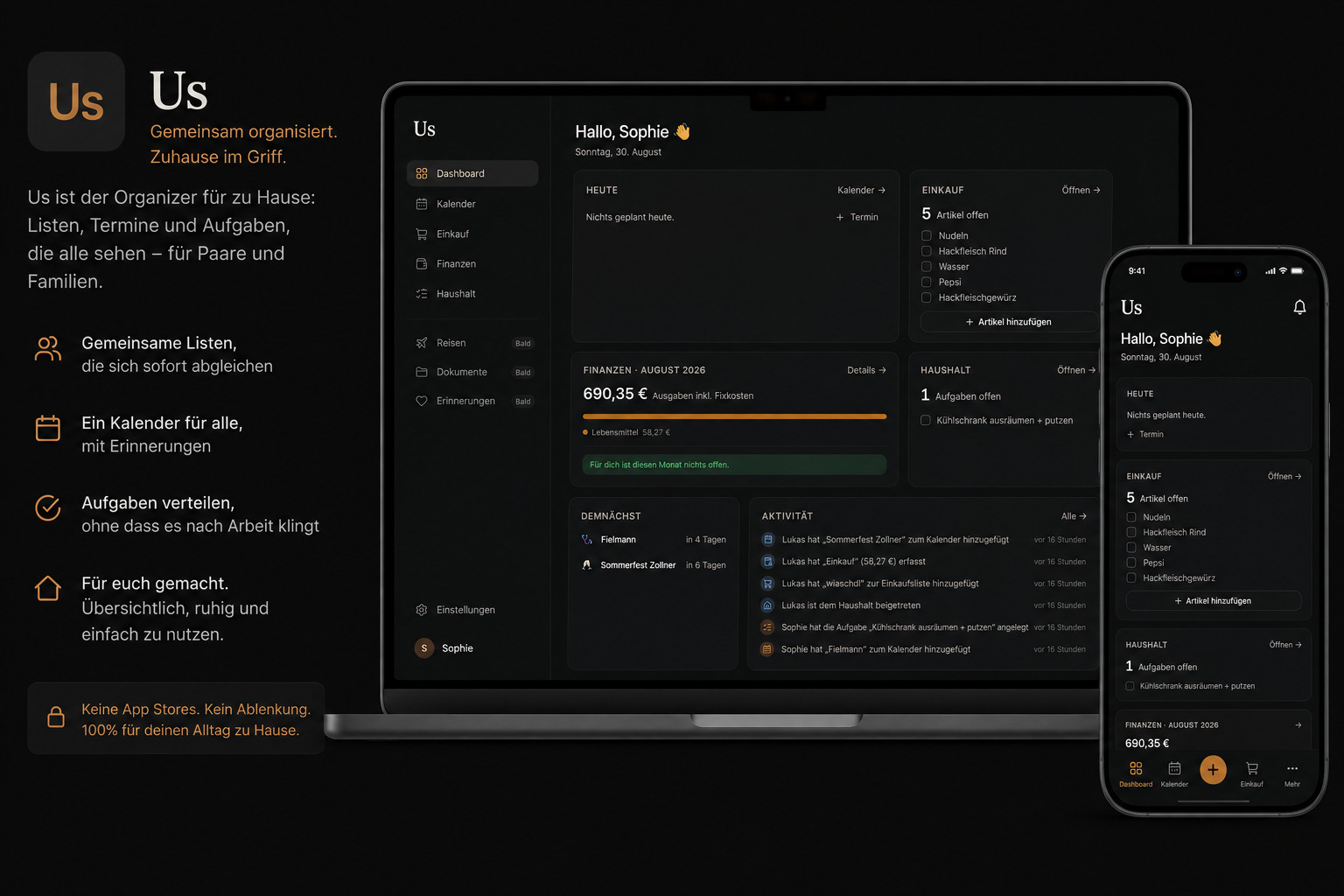 Us – gemeinsames Zuhause-Dashboard auf Laptop und Smartphone mit Einkauf, Kalender und Haushalt